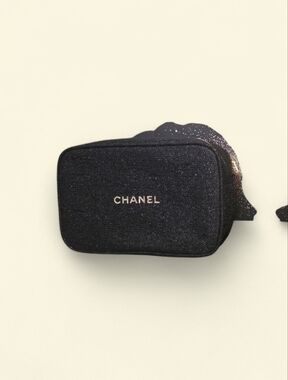 CHANEL Black Glitter Zip Cosmetic Case with Gold Logo